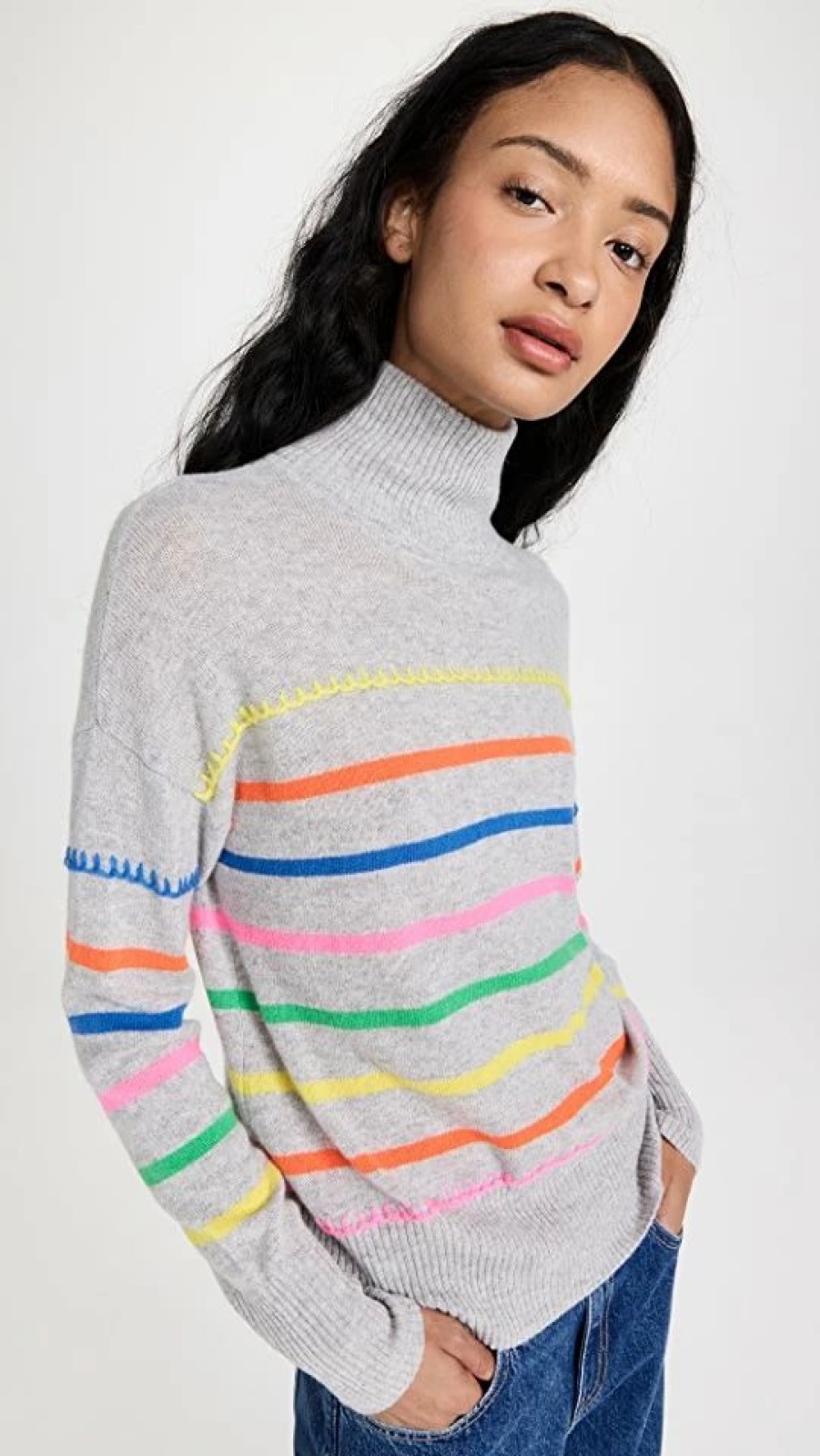 Turtle & Mock Necks * | Top 10 Autumn Cashmere Multi Colored Cashmere Breton Stripe Mock With Blanket Stitch Sweatshirt Brights