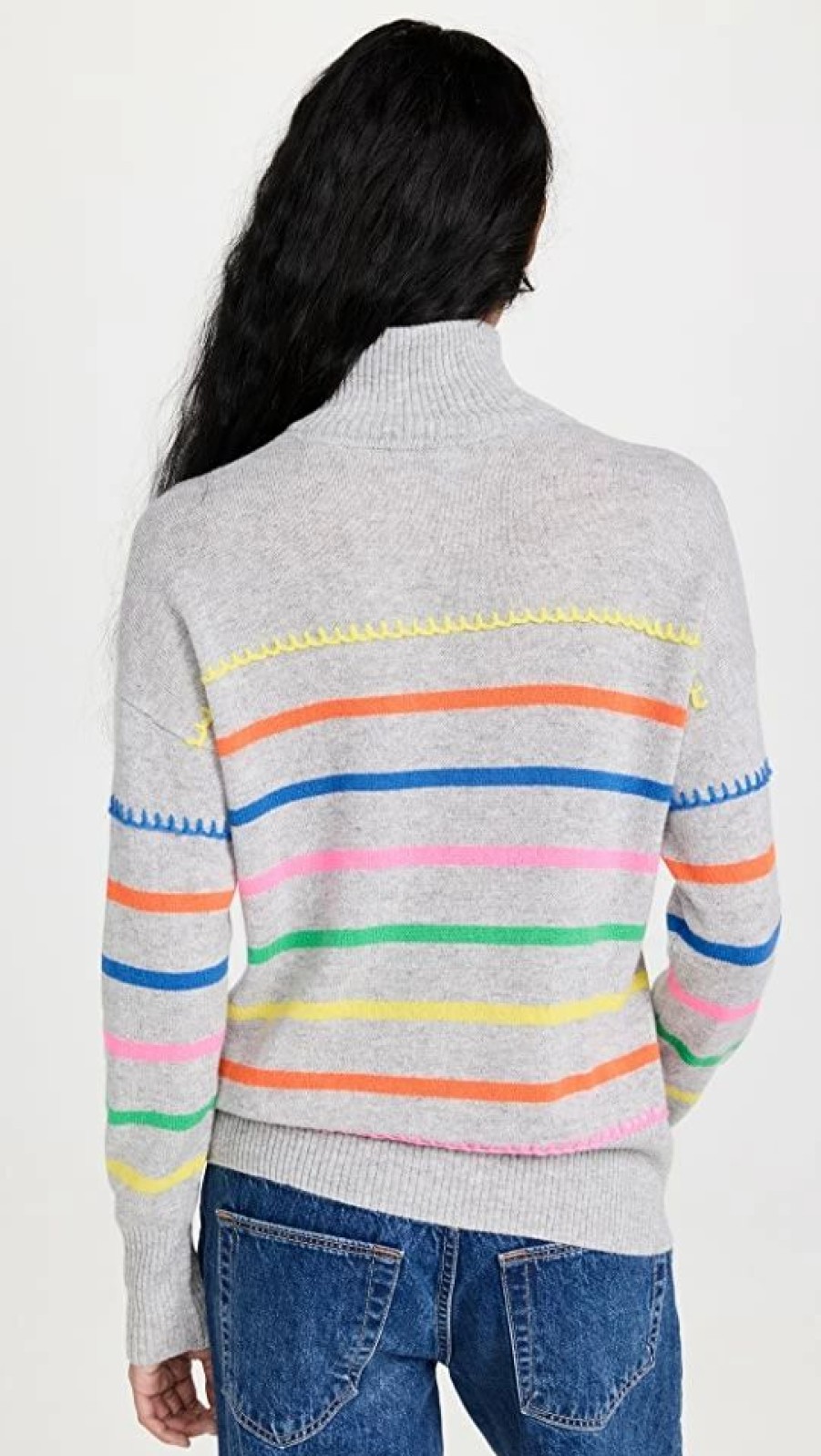 Turtle & Mock Necks * | Top 10 Autumn Cashmere Multi Colored Cashmere Breton Stripe Mock With Blanket Stitch Sweatshirt Brights