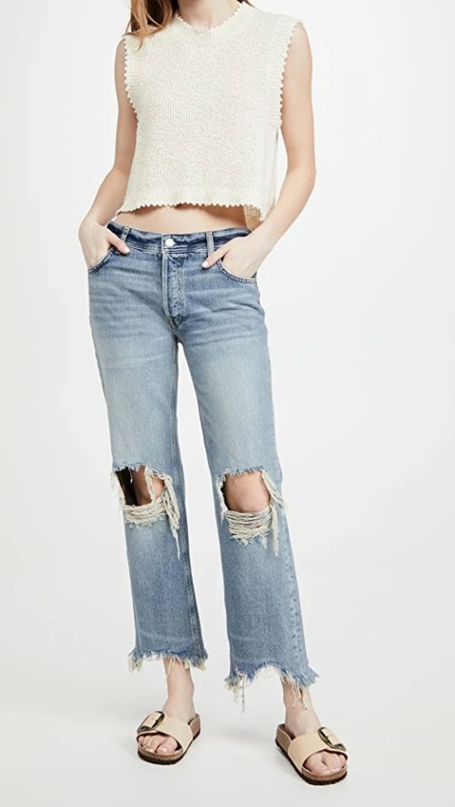 Distressed Jeans * | Best Reviews Of Free People Maggie Mid Rise Straight Jeans Aged To Perfection