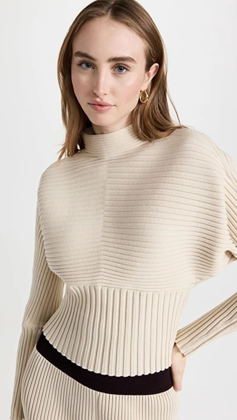 Turtle & Mock Necks * | Best Deal Tory Burch Ribbed Dolman Sleeve Knit Top Sand Khaki