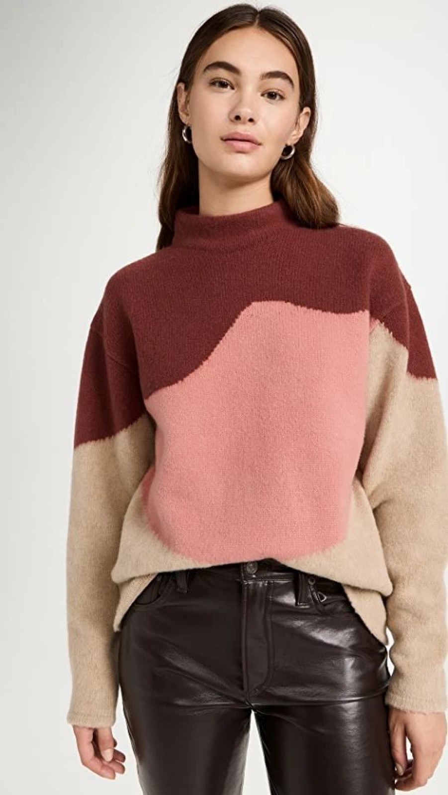 Turtle & Mock Necks * | Budget Theory Brushed Intarsia Sweater Basswood/Salmon/Oxblood