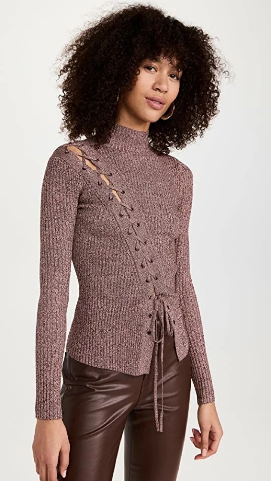 Turtle & Mock Necks * | Brand New Jonathan Simkhai Brooke Marled Compact Rib With Lace Up Turtleneck Mahogany Multi