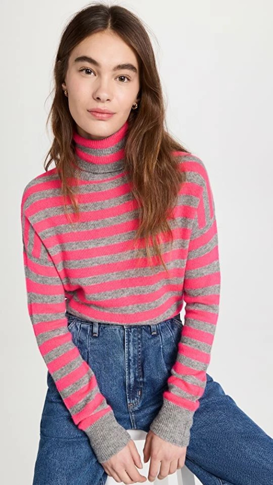 Turtle & Mock Necks * | Flash Sale Jumper 1234 Stripe Cashmere Turtleneck Pullover Mid Grey/Neon Pink