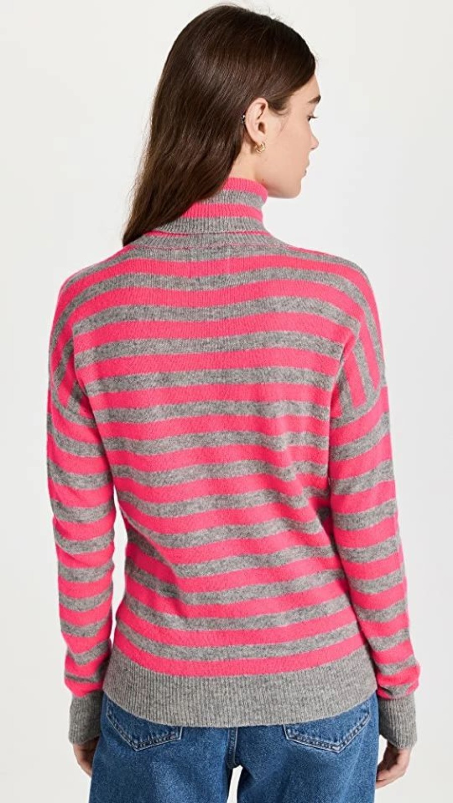 Turtle & Mock Necks * | Flash Sale Jumper 1234 Stripe Cashmere Turtleneck Pullover Mid Grey/Neon Pink