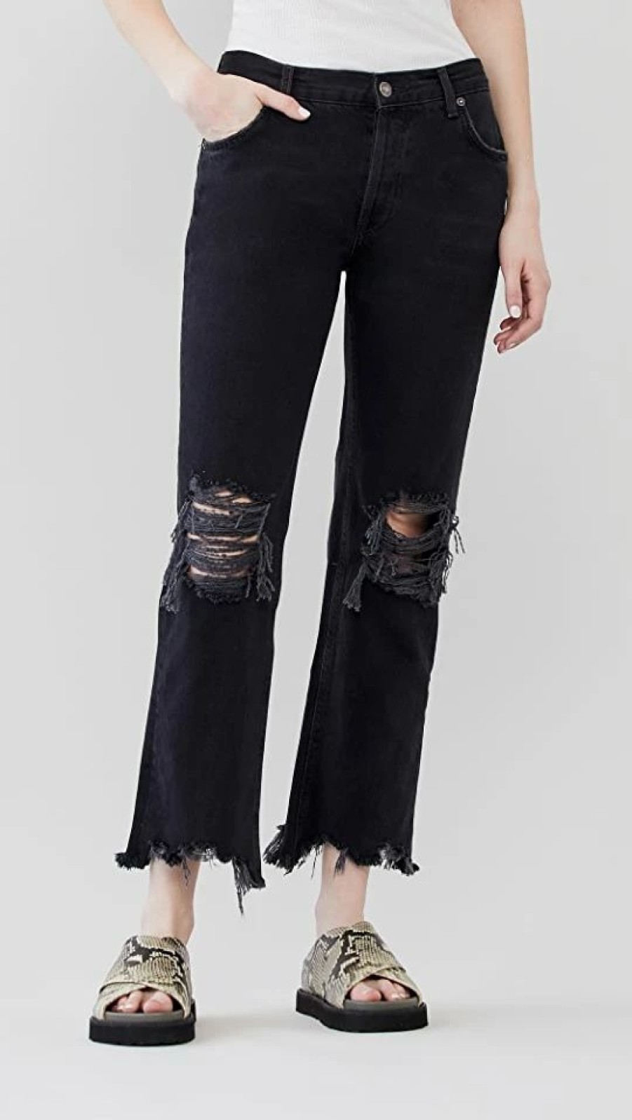 Distressed Jeans * | Cheapest Free People Maggie Mid Rise Straight Jeans Washed Black