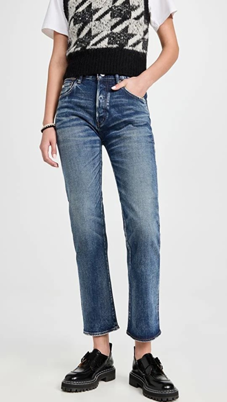 Distressed Jeans * | Discount Moussy Vintage Mv Farwell Straight Jeans Dark Blue