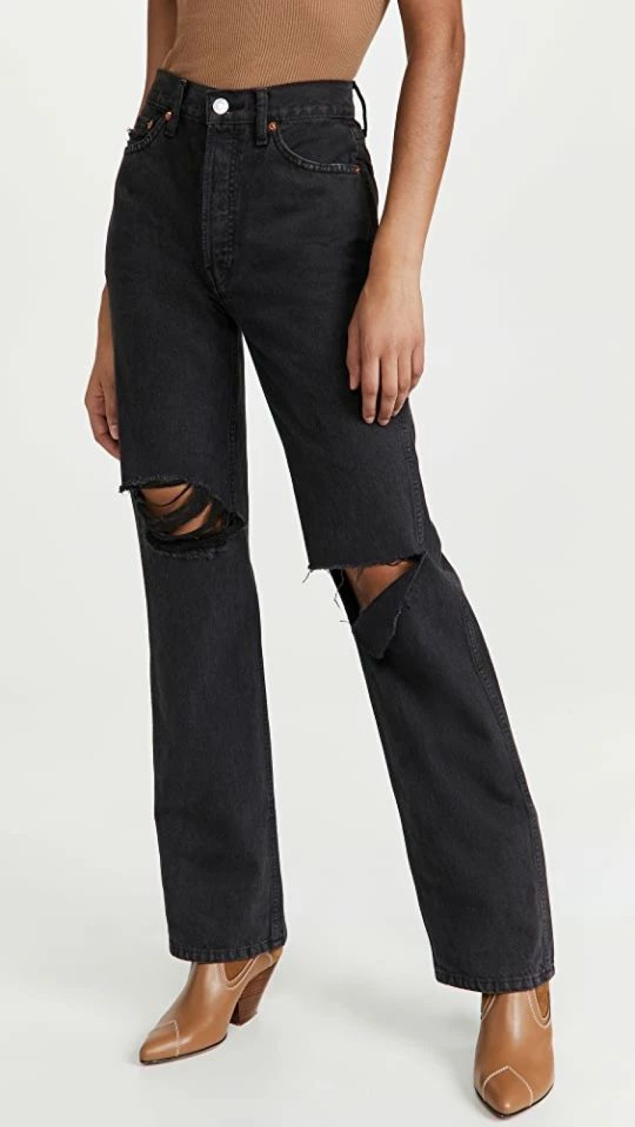 Distressed Jeans * | Hot Sale Re/Done High Rise Rigid Loose Jean Washed Black With Rips