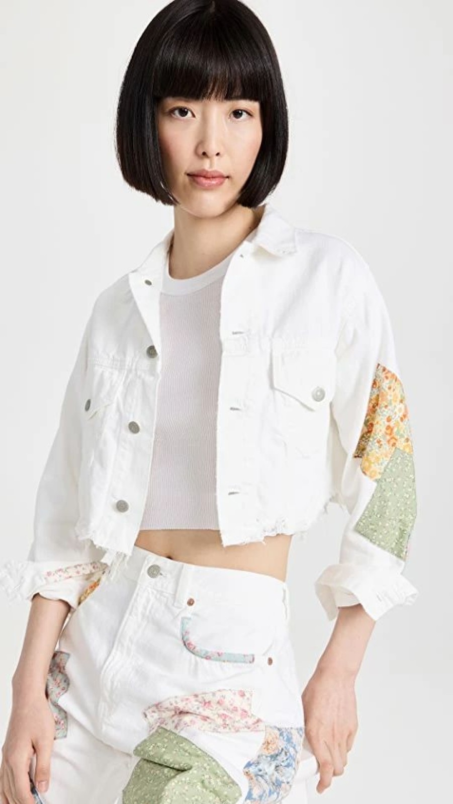 Jean Jackets * | Outlet Denimist Cropped Agnes Trucker Jacket White W/ Multi Patch Work